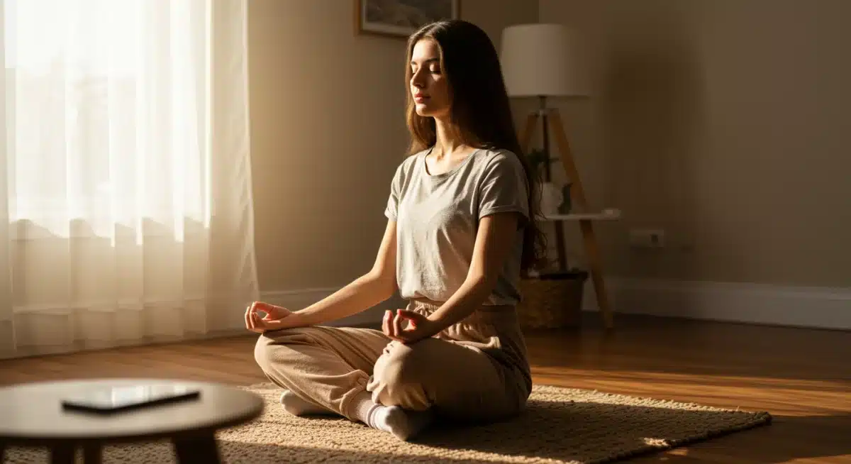 Person meditating, phone set aside, representing digital detox and mental clarity.