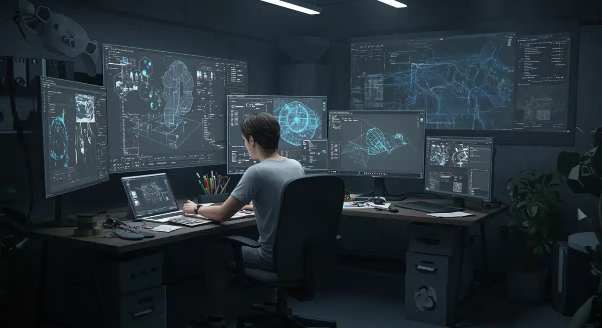 Avatar artist creating digital art in a virtual metaverse studio.