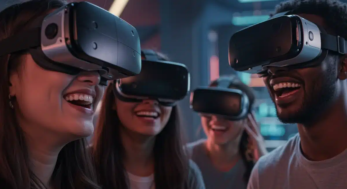 Friends using VR headsets to interact as avatars in a virtual metaverse environment.