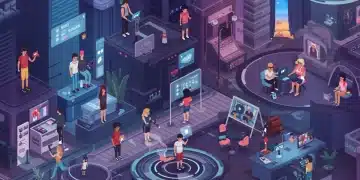 Diverse avatars engaging in social activities within a bustling, futuristic metaverse city.