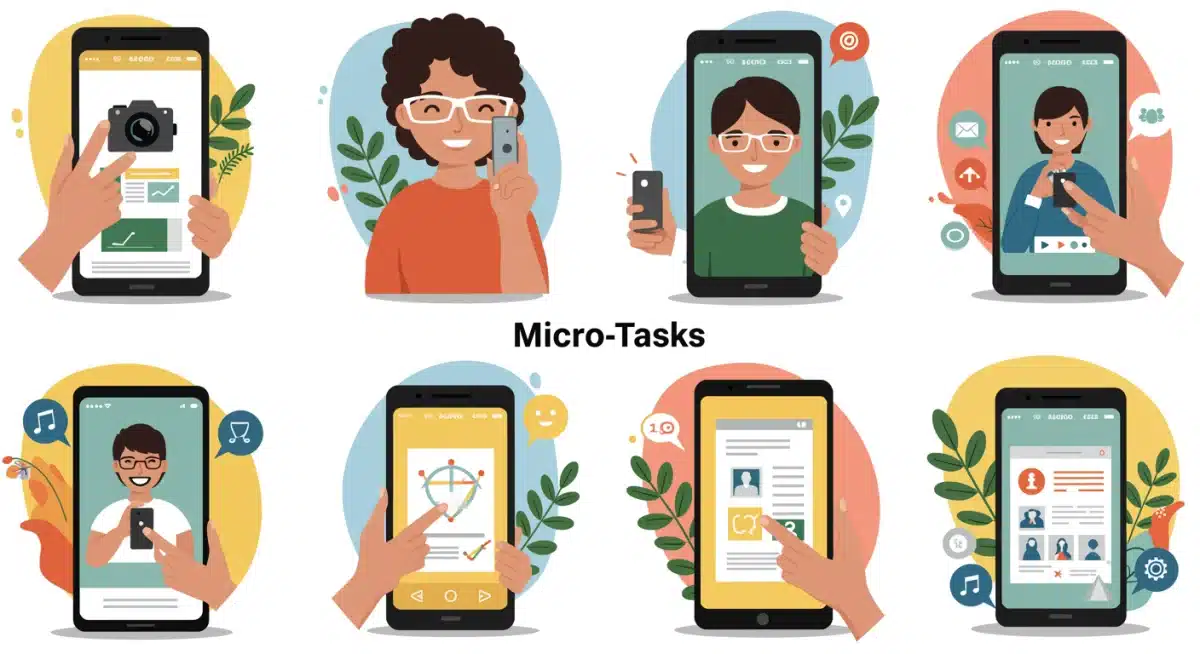 Diverse people performing micro-tasks with smartphones