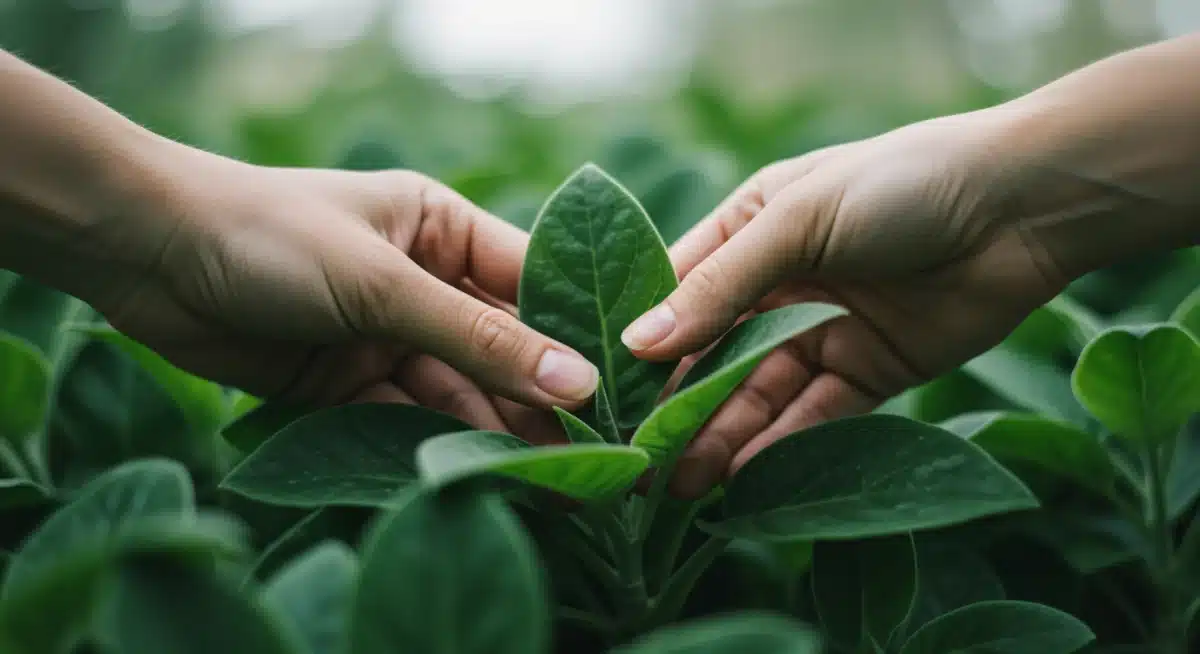 Hands touching green plant leaves, illustrating a mindful connection to nature.