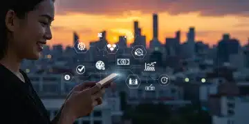 Smiling person using money-making apps on smartphone in a city