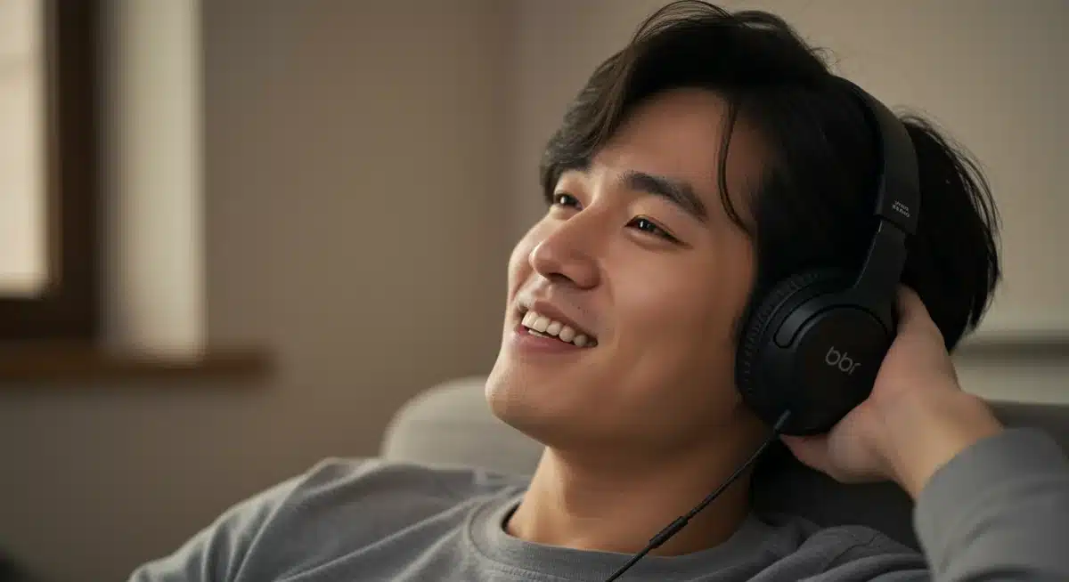 Individual listening to music with headphones for an instant mood lift.