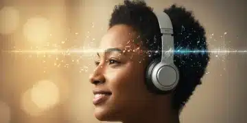 Smiling person with headphones surrounded by colorful musical notes, symbolizing mood enhancement.