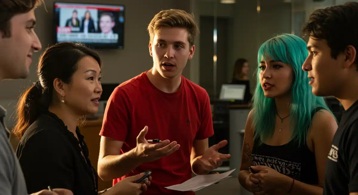 Diverse group of people animatedly discussing current trending news.