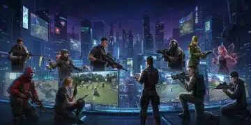 Diverse characters from various video game genres playing in a vibrant digital city, representing current online gaming trends.