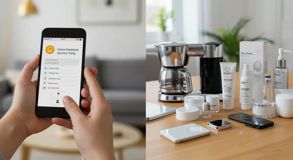 Hand completes online survey for product testing, diverse products arranged on table.