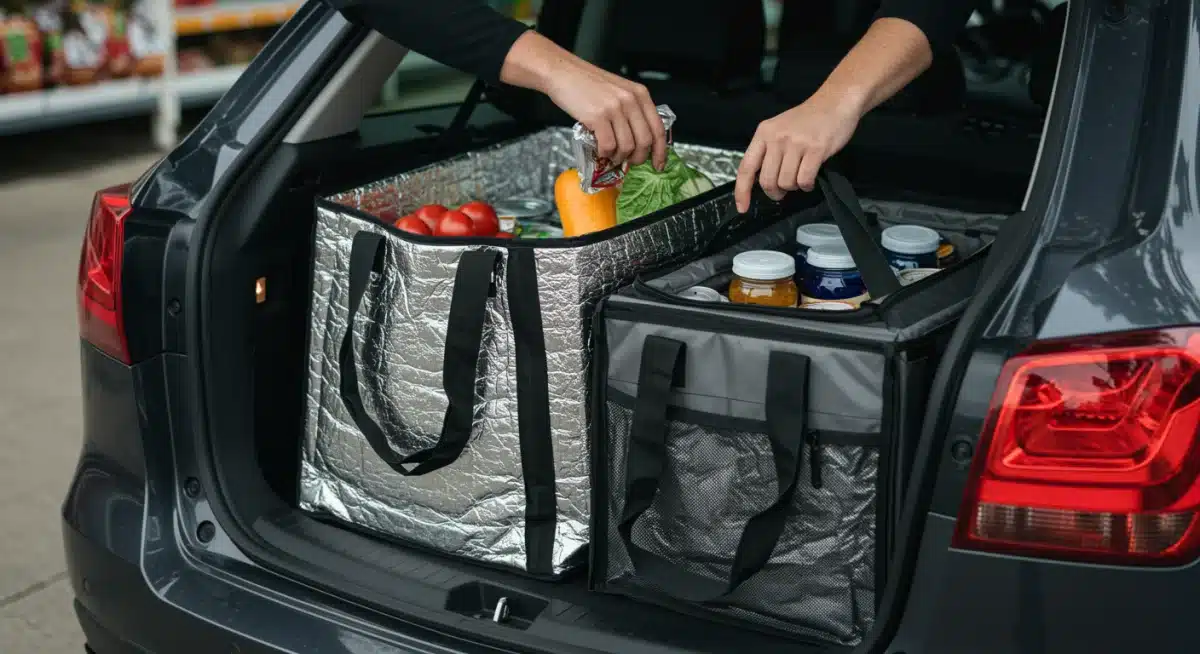 Organizing groceries into insulated bags in a car trunk