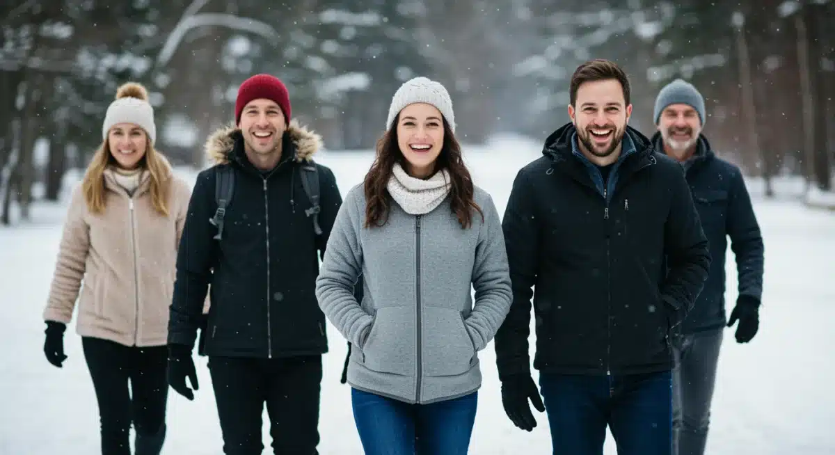Friends enjoying outdoor winter activity, boosting mood and combating SAD