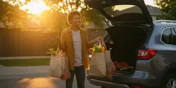 Person delivering groceries with a warm smile, car trunk open