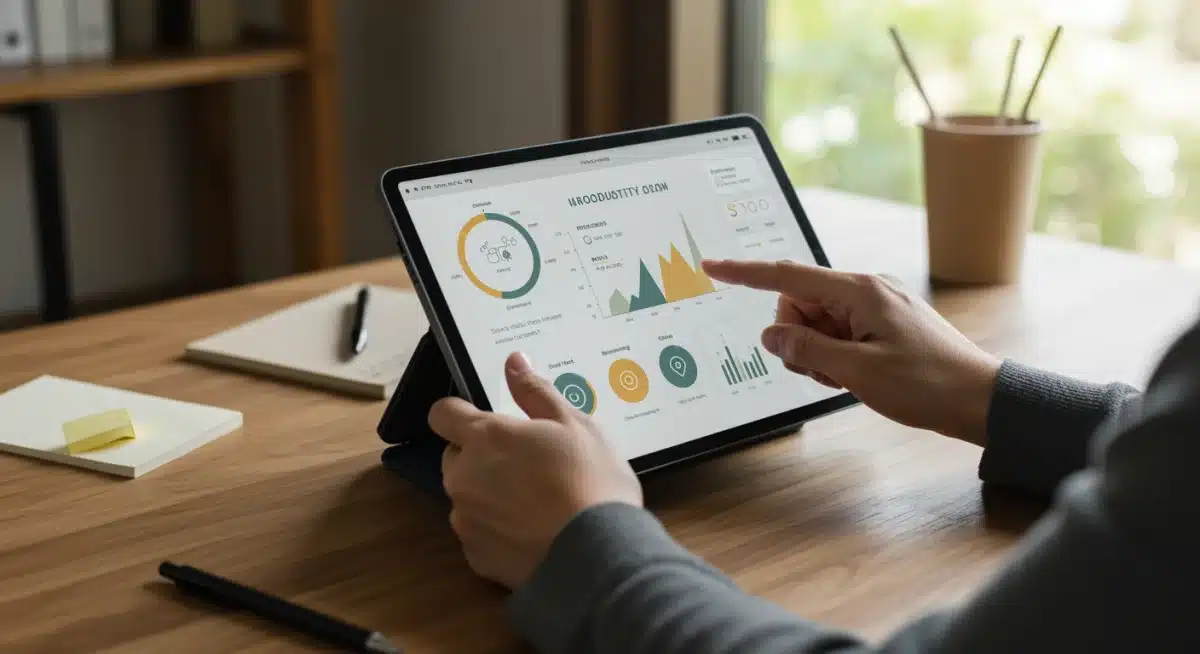 Tablet displaying a sleek productivity app with progress tracking and goal setting features.