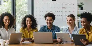 Professionals working remotely with a 4-day work week calendar