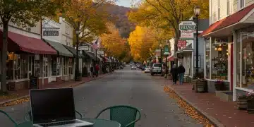 Idyllic small town street with autumn leaves and remote worker's laptop