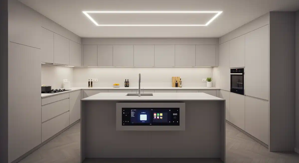 Smart home kitchen with integrated appliances and touch screen