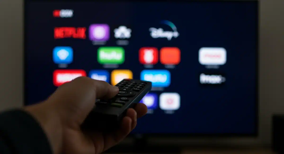 Hand navigating smart TV interface with streaming apps