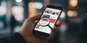 Hand holding smartphone with news feed, magnifying glass over headline
