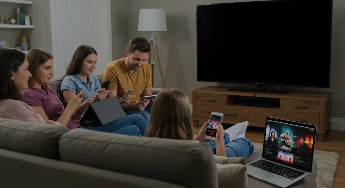 Family watching different streaming content on multiple devices