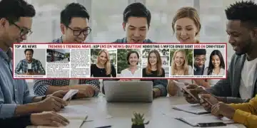 People engaging with news on various digital devices, reflecting current trending stories.