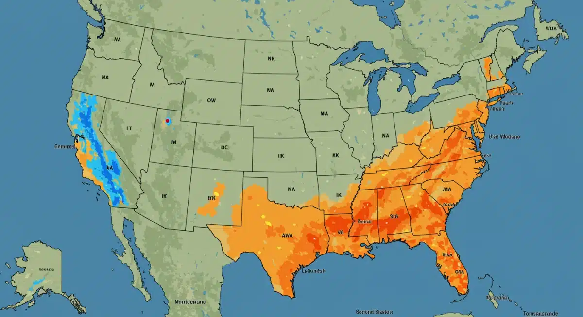 US map showing natural disaster zones and regional risks across states.