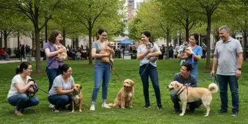 Happy pet owners with dogs and cats in a US park, symbolizing modern pet trends.
