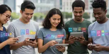 Young people interacting with social media on mobile devices in a bustling US city