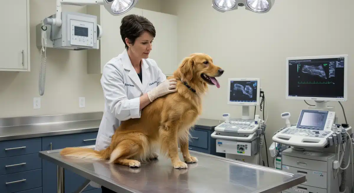 Veterinarian examining dog, representing rising pet healthcare costs.