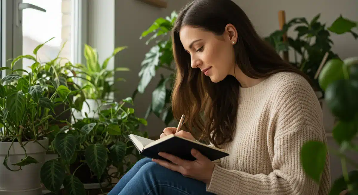 Woman writing positive affirmations in a journal for personal growth.