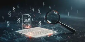 Futuristic digital landscape with neural networks and text, representing AI content analysis.