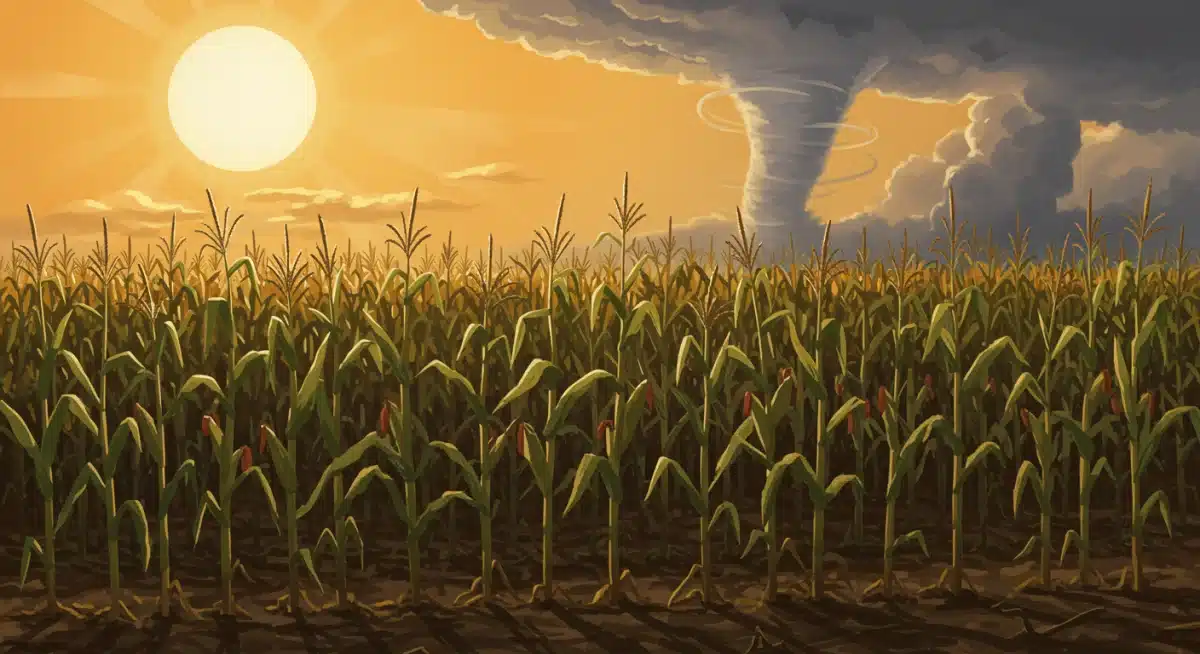 Damaged cornfield under scorching sun, representing climate impact on US agriculture