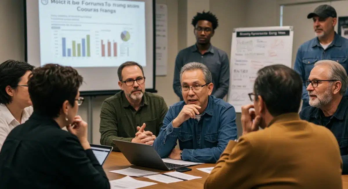 Community members discussing new zoning proposals at a town hall meeting