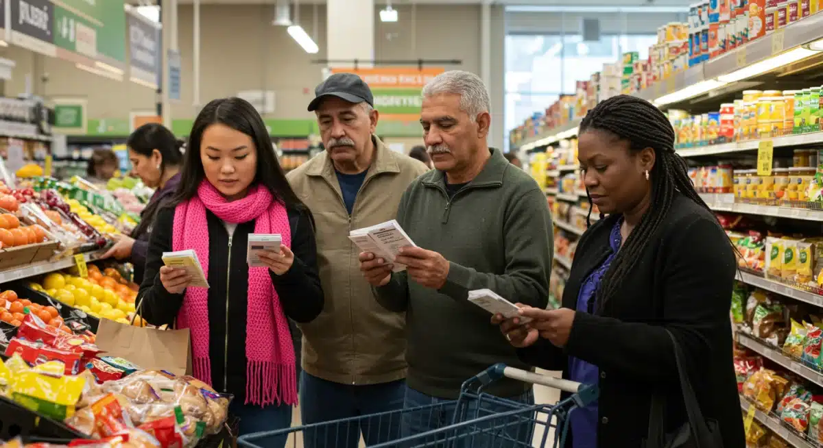 Shoppers actively reading new food labels in a modern grocery store.