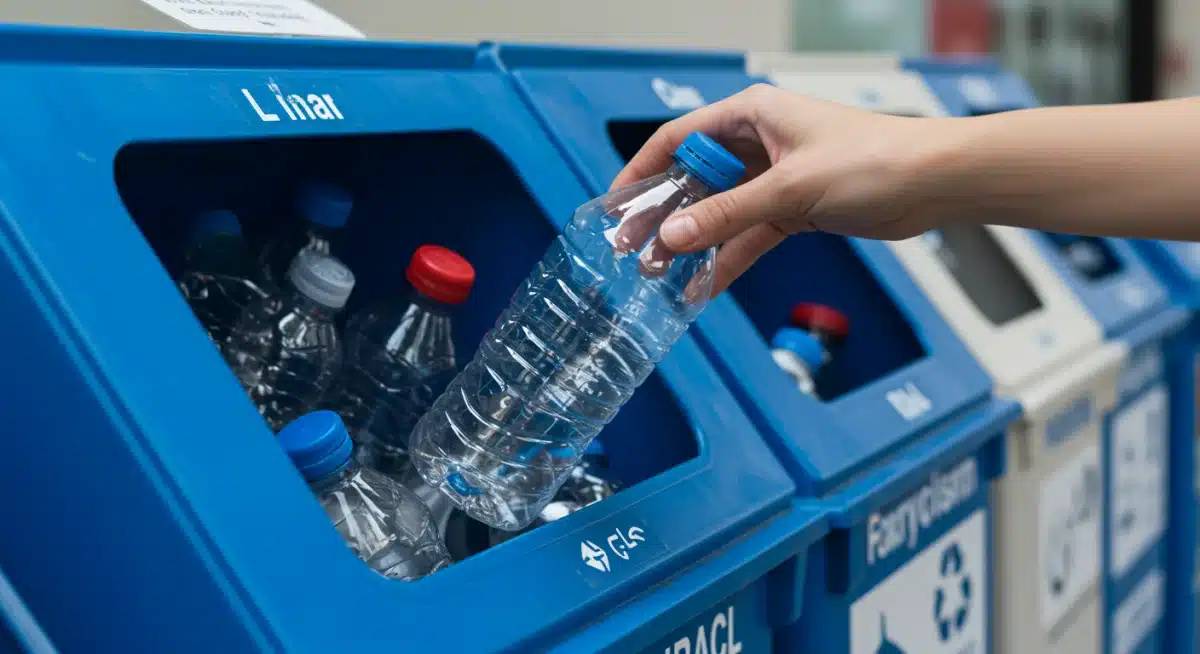 Person correctly placing a plastic bottle into a clearly labeled recycling bin.