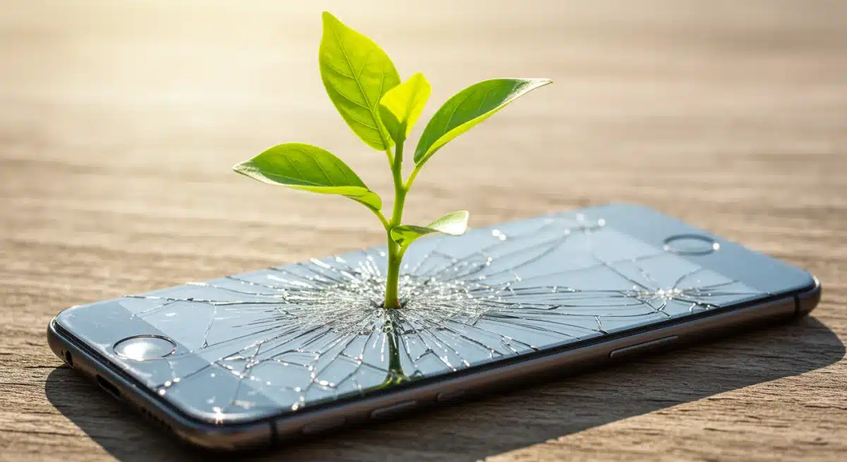 Plant growing from cracked smartphone, symbolizing digital detox and renewal