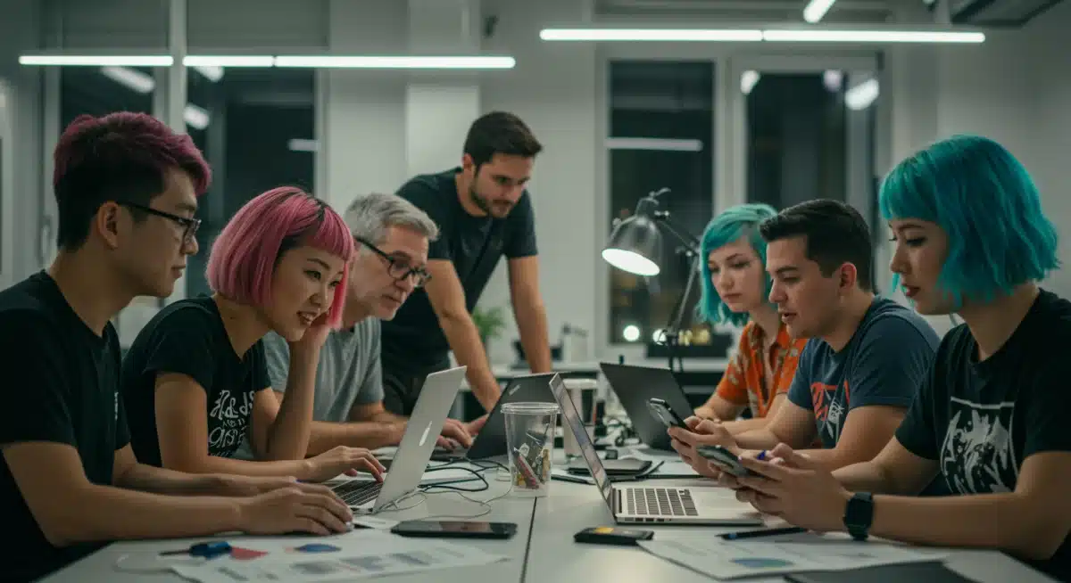 People fact-checking information on digital devices together