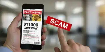 Smartphone displaying a fake $1000 giveaway scam article with a 'SCAM' warning.