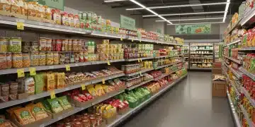 Futuristic grocery store aisle with climate-resilient foods and advanced packaging in 2026 US