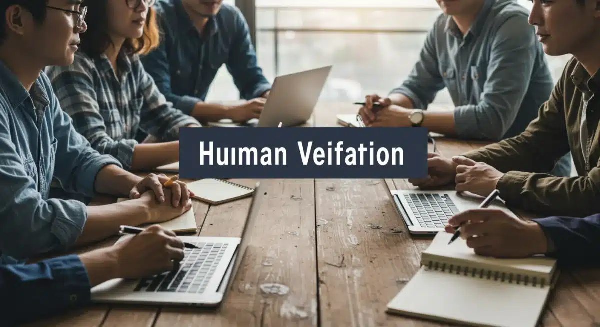 Group of people discussing and verifying information, emphasizing human critical thinking.