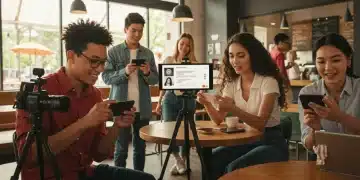 Diverse micro-influencers engaging with smartphones in a cafe, showing authentic digital connection and community.