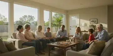 Diverse multigenerational family enjoying a modern living room in their shared home.