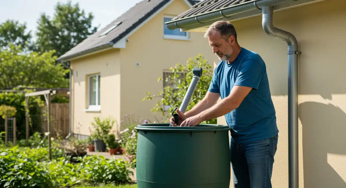 Rainwater harvesting system collecting water from a house roof for garden