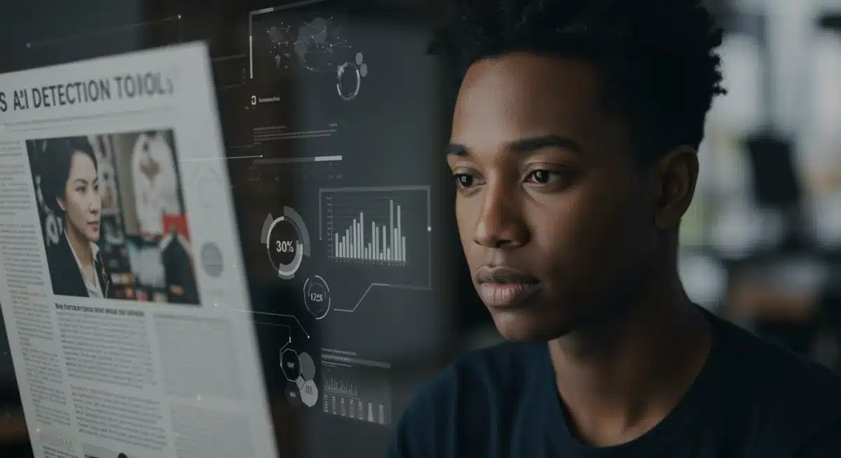 Person scrutinizing an article on a screen with AI detection indicators.