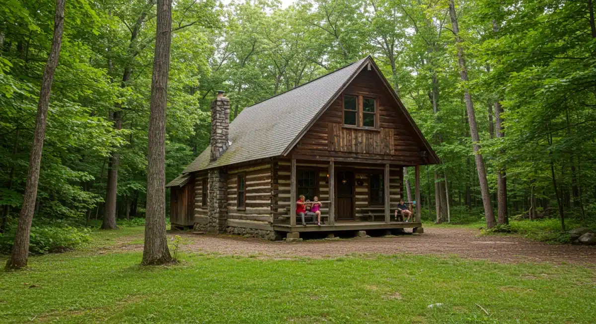 Family relaxing at a secluded cabin in a quiet US state park.