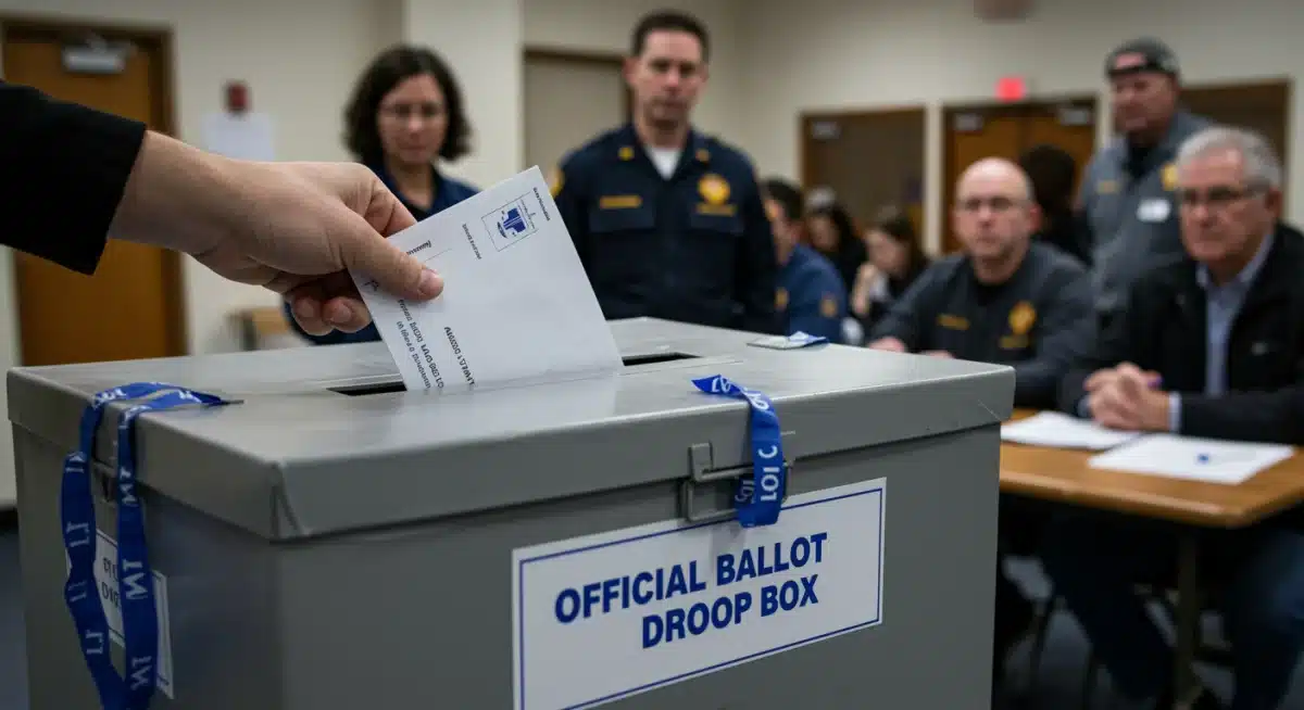 Secure ballot drop box with a hand depositing a ballot, symbolizing secure and accessible voting methods.