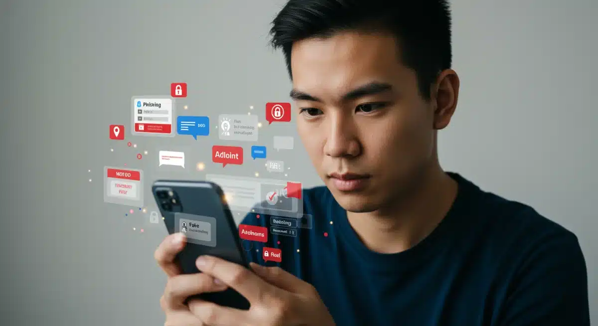 Person analyzing smartphone messages for phishing indicators