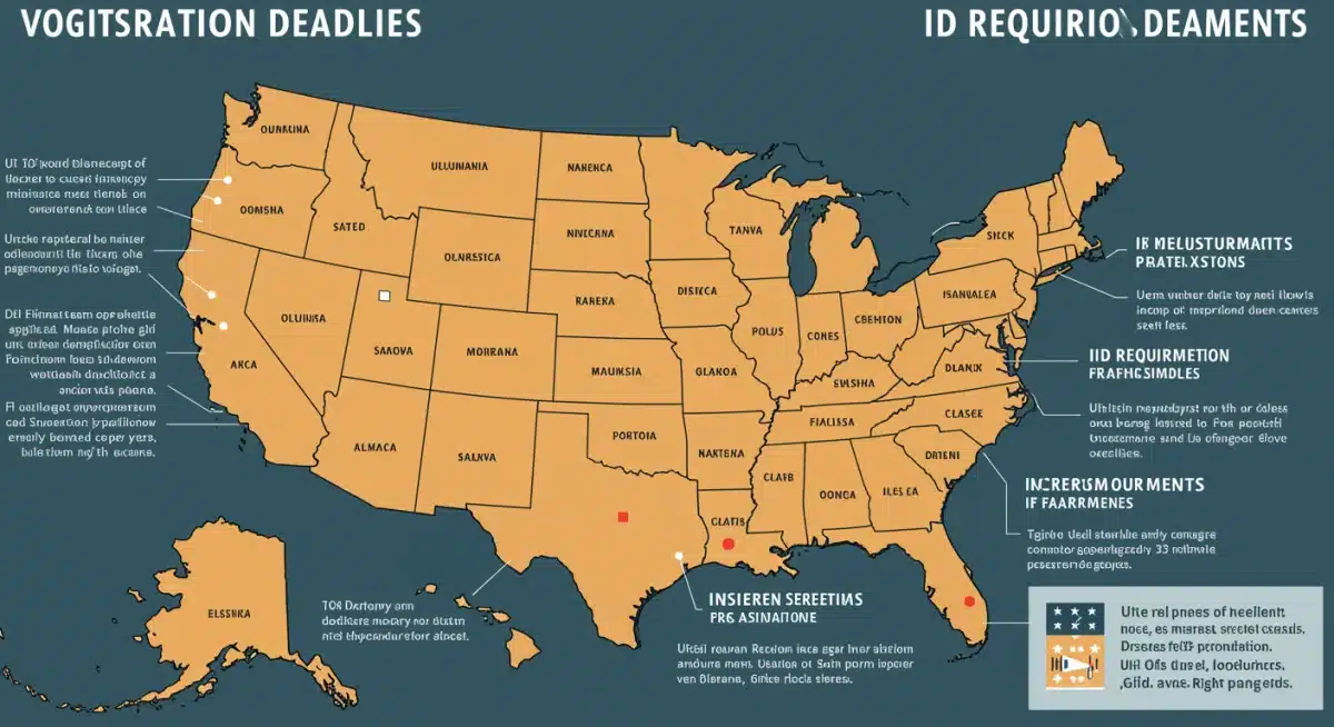 Infographic illustrating diverse state-level voter registration deadlines and identification requirements.