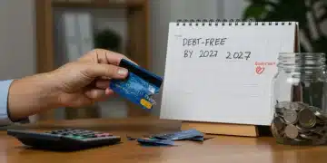 Person shredding credit card with 'Debt-Free by 2027' calendar