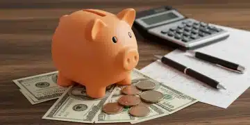 Piggy bank on dollar bills with calculator, symbolizing saving $500 in a month