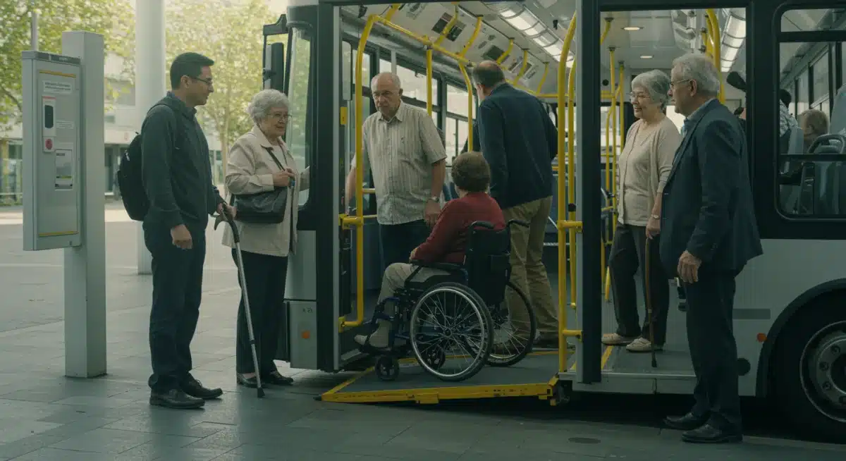 Diverse group of commuters, including wheelchair users, boarding an accessible public bus with ramp.