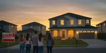 Diverse young adults viewing sustainable suburban home, 'Sold' sign, American Dream homeownership